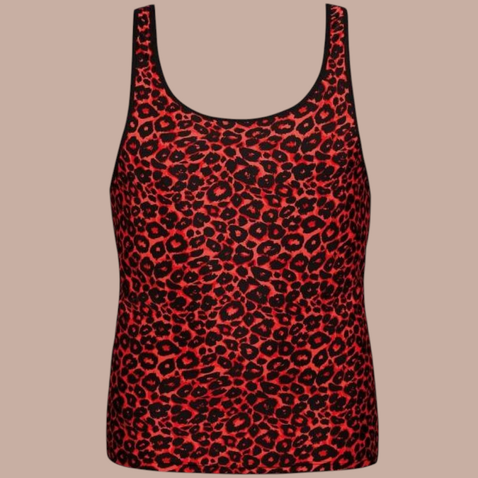 Pleasurements Anais Men Tribal Top met rood en zwart luipaardpatroon en zwarte bies