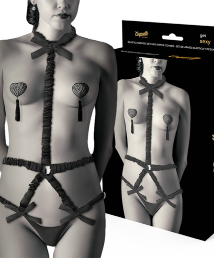 COQUETTE CHIC DESIRE - ELASTISCHE HARNASSET EN NIPPLE COVERS ZWART