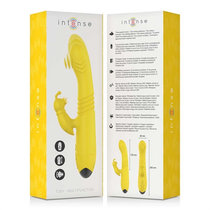 INTENSE - TOKY MULTIFUNCTIONELE VIBRATOR OP & NEER MET CLITORALE STIMULATOR GEEL