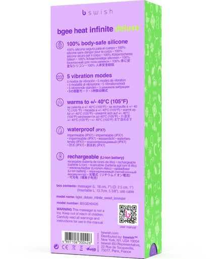 B SWISH - BGEE HEAT INFINITE DELUXE RECHARGEABLE VIBRATOR LAVENDER SILICONE