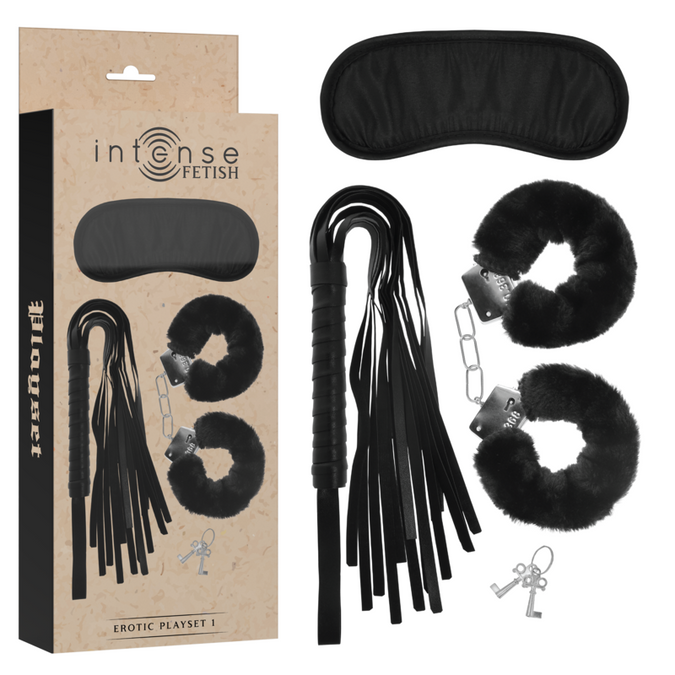 Intense – Fetisch Erotisches Spielset 1 mit Handschellen, Augenbinde und Flogger