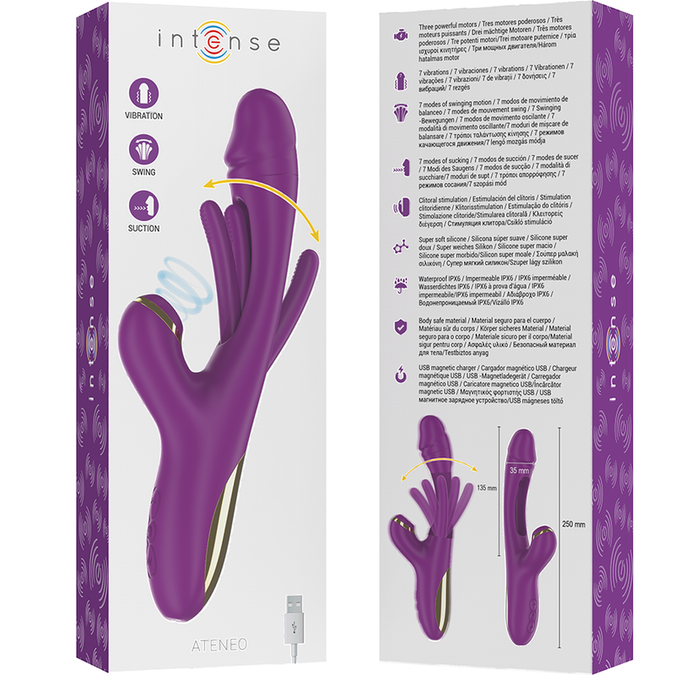 INTENSE - ATENEO OPLAADBARE MULTIFUNCTIONELE VIBRATOR 7 TRILLINGEN MET OSCILLERENDE TONG EN PAARSE ZUIGNAP