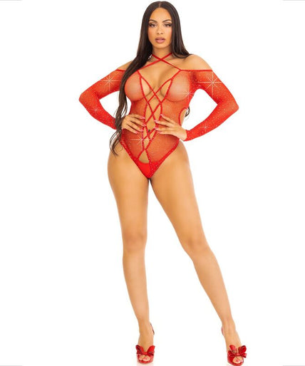 LEG AVENUE - BODY KRUISLOOS MET GLANS ROOD