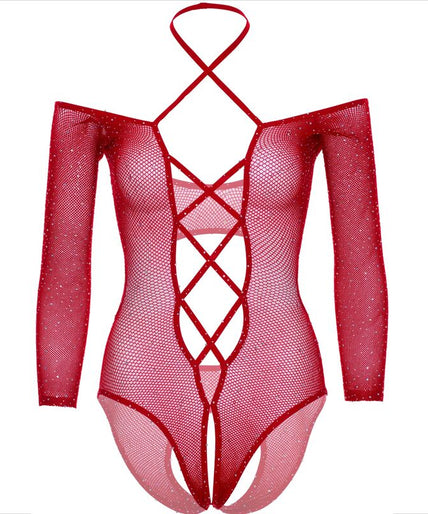 LEG AVENUE - BODY KRUISLOOS MET GLANS ROOD