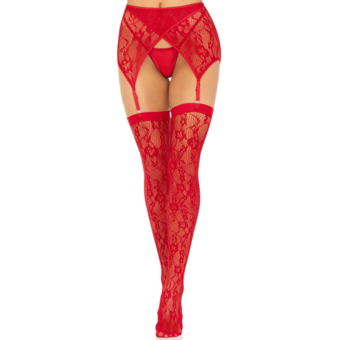 Leg Avenue – Kousen met kant tot boven de knie en jarretelriem rood