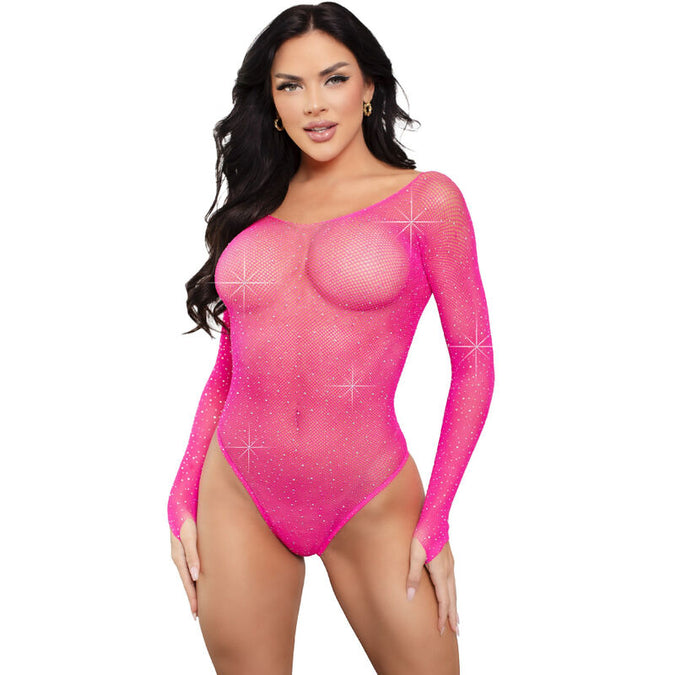 LEG AVENUE - CRYSTALIZED BODYSUIT LANGE MOUW FUCHSIA