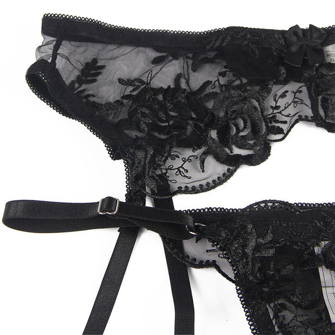 Subblime – Set van 3 stuks Beha + String + Jarretel Bloemenprint Zwart S/m