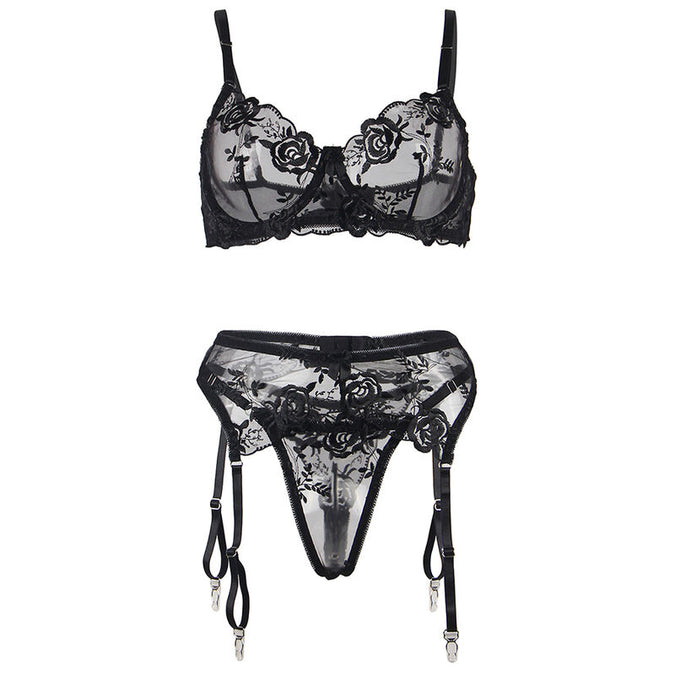 Subblime – Set van 3 stuks Beha + String + Jarretel Bloemenprint Zwart S/m