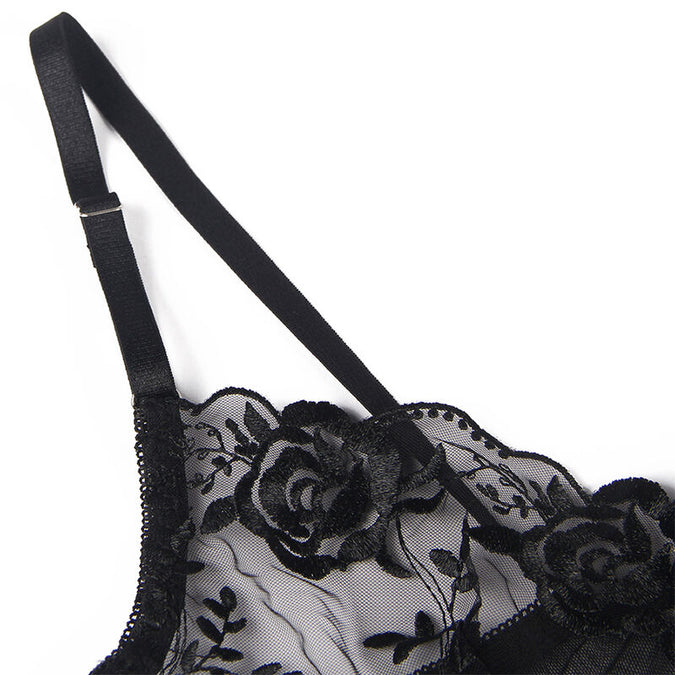 Subblime – Set van 3 stuks Beha + String + Jarretel Bloemenprint Zwart S/m