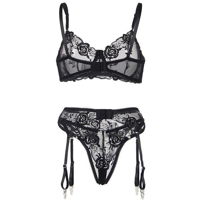 Subblime – Set van 3 stuks Beha + String + Jarretel Bloemenprint Zwart S/m