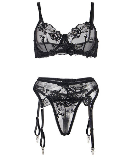 SUBBLIME - SET VAN 3 STUKS BH + STRING + JARRETEL BLOEMENPRINT ZWART L/XL