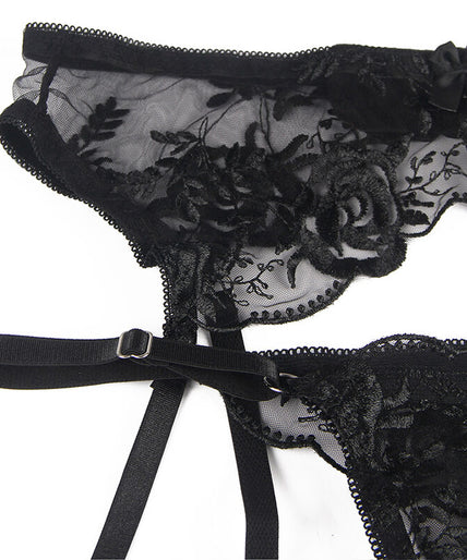 SUBBLIME - SET VAN 3 STUKS BH + STRING + JARRETEL BLOEMENPRINT ZWART L/XL