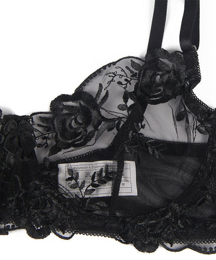 SUBBLIME - SET VAN 3 STUKS BH + STRING + JARRETEL BLOEMENPRINT ZWART L/XL