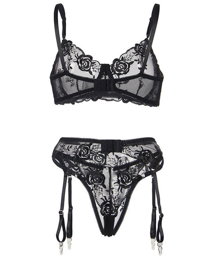 SUBBLIME - SET VAN 3 STUKS BH + STRING + JARRETEL BLOEMENPRINT ZWART L/XL