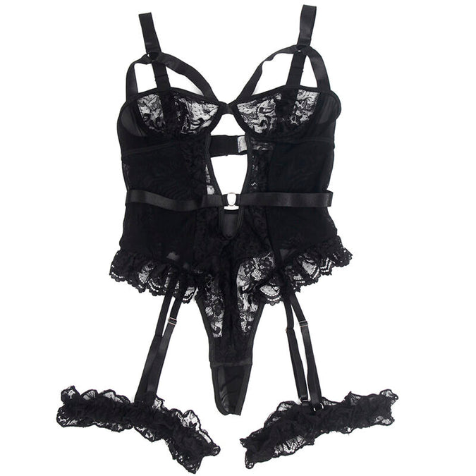 Subblime – Teddy met jarretel met kanten details en strepen zwart L/xl