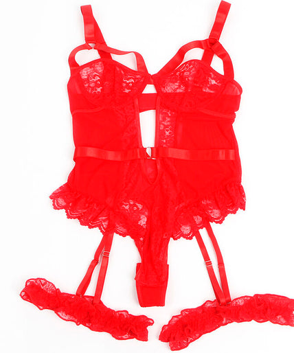 Subblime – Teddy met jarretel met kanten details en strepen rood S/m