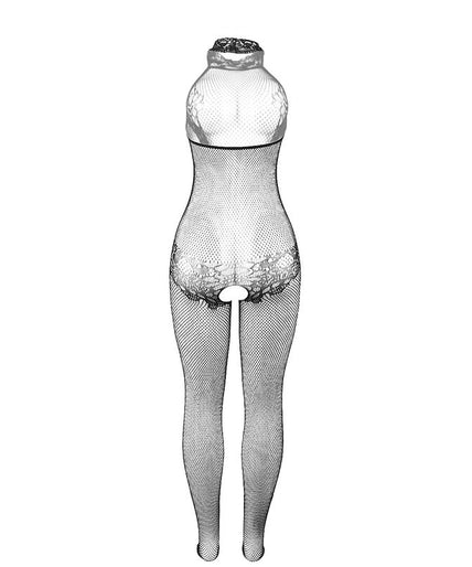 Subblime – 951801 Fishnet And Lace Crotchless Bodystocking With High Neck Black One Size