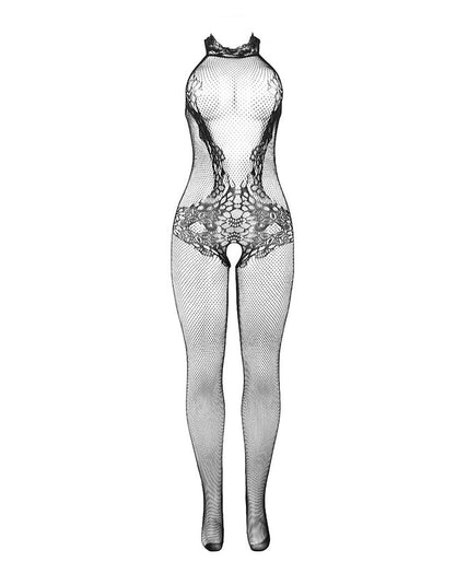 Subblime – 951801 Fishnet And Lace Crotchless Bodystocking With High Neck Black One Size
