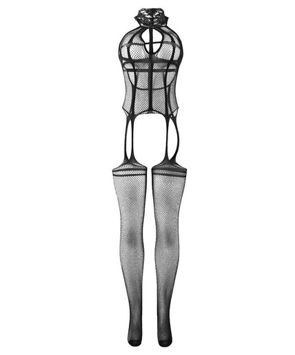 Subblime – 951986 Fishnet Crotchless Bodystocking With Prints On The Neck Black One Size