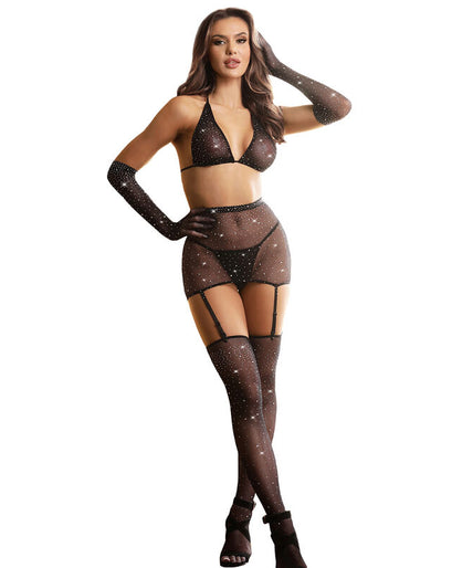 SUBBLIME - 952174 VISNET BODYSTOCKING MET HANDSCHOENEN EN STRASS ZWART EEN MAAT