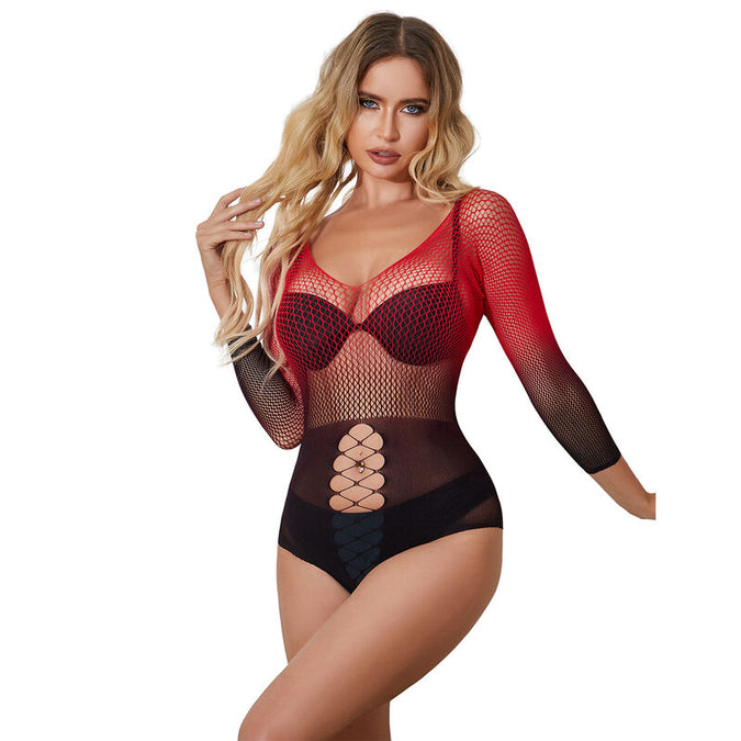 Subblime – 952259 Red And Black Gradient Long Sleeve Elastic Fishnet Dress One Size