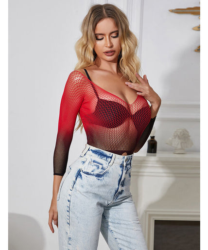 SUBBLIME - 952259 RED AND BLACK GRADIENT LONG SLEEVE ELASTIC FISHNET DRESS ONE SIZE