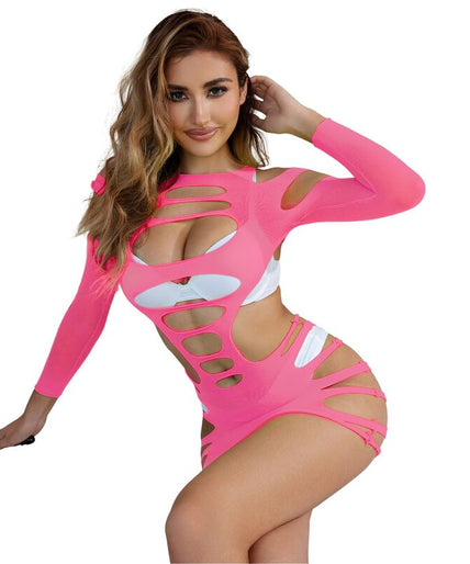 SUBBLIME - 952273 LONG SLEEVE ELASTIC FISHNET DRESS PINK ONE SIZE