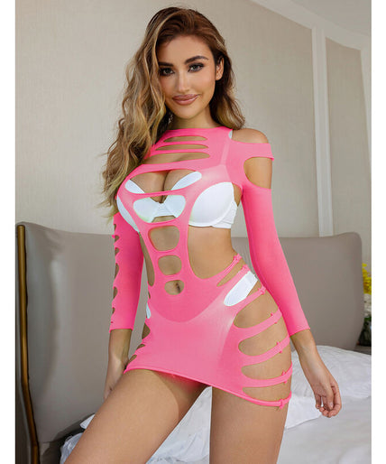 SUBBLIME - 952273 LONG SLEEVE ELASTIC FISHNET DRESS PINK ONE SIZE