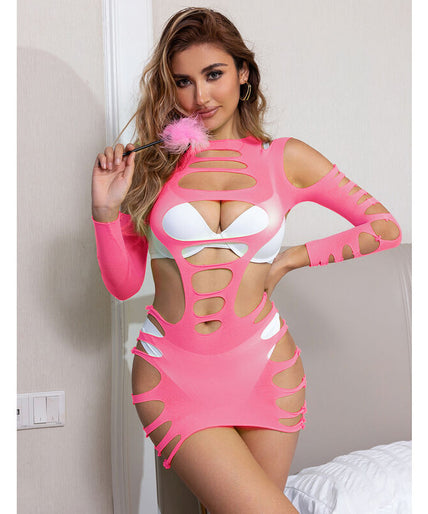 SUBBLIME - 952273 LONG SLEEVE ELASTIC FISHNET DRESS PINK ONE SIZE