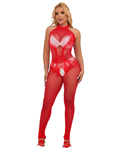 Subblime – 952372 Fishnet And Lace Crotchless Bodystocking With High Neck Red One Size