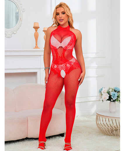 Subblime – 952372 Fishnet And Lace Crotchless Bodystocking With High Neck Red One Size