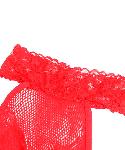 Subblime – 952372 Fishnet And Lace Crotchless Bodystocking With High Neck Red One Size