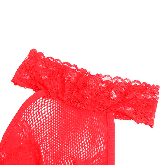 Subblime – 952372 Visnet en kant open kruis bodystocking met hoge hals Rood One Size
