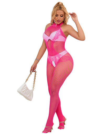 SUBBLIME - 952389 VISNET EN KANT CROTCHLESS BODYSTOCKING MET HOGE HALS ROZE EEN MAAT