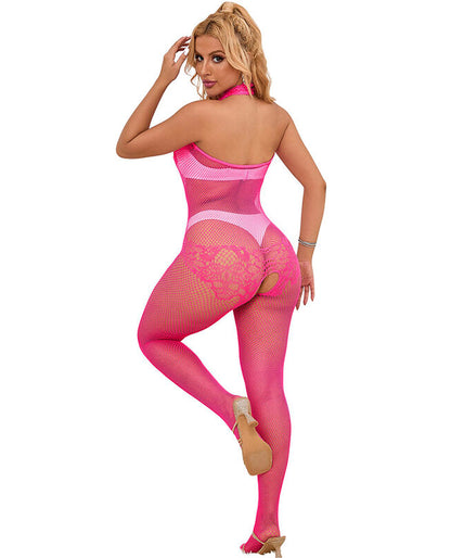 SUBBLIME - 952389 VISNET EN KANT CROTCHLESS BODYSTOCKING MET HOGE HALS ROZE EEN MAAT