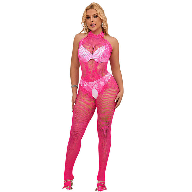 Subblime – 952389 Visnet en kant open kruis bodystocking met hoge hals Roze One Size