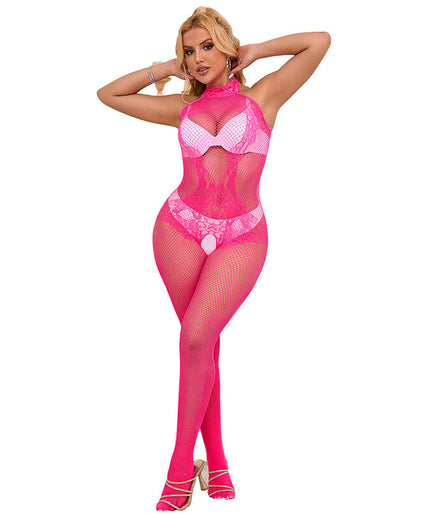 SUBBLIME - 952389 VISNET EN KANT CROTCHLESS BODYSTOCKING MET HOGE HALS ROZE EEN MAAT