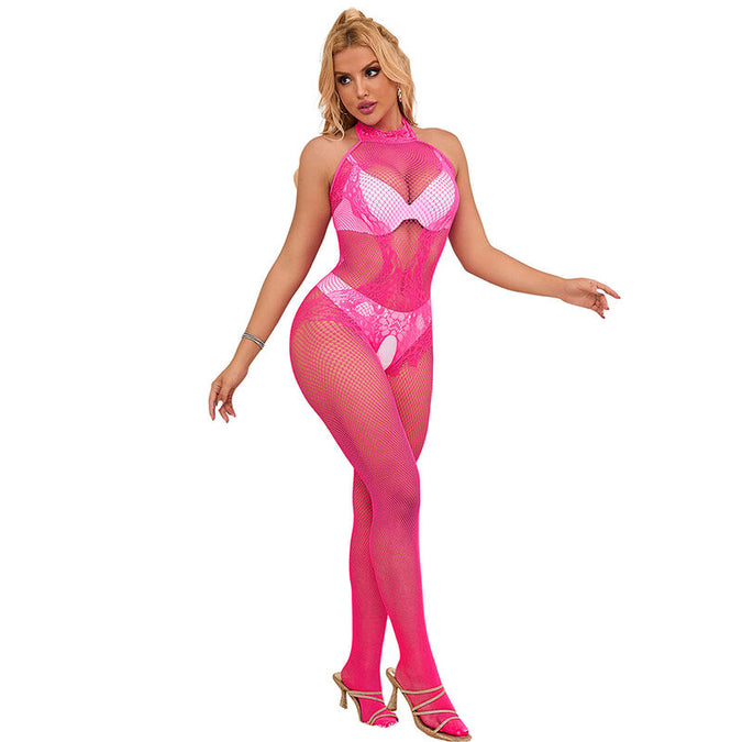 Subblime – 952389 Visnet en kant open kruis bodystocking met hoge hals Roze One Size