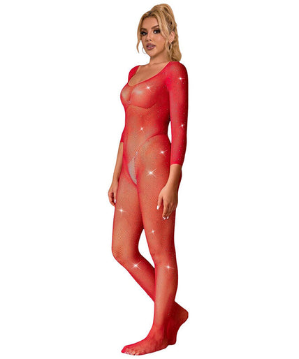 SUBBLIME - 952419 VISNET BODYSTOCKING MET DIAMANTEN LANGE MOUW ROOD XS/M