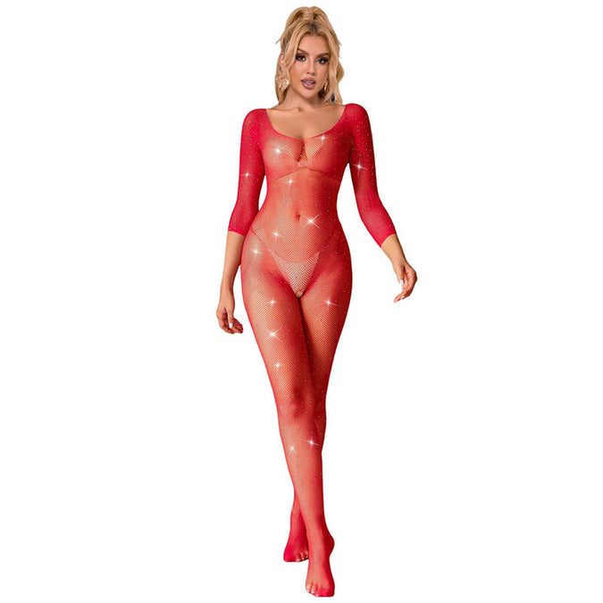 Subblime – 952419 Visnet Bodystocking Met Diamanten Lange Mouw Rood Xs/m