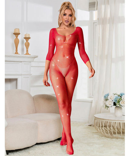 SUBBLIME - 952419 VISNET BODYSTOCKING MET DIAMANTEN LANGE MOUW ROOD XS/M