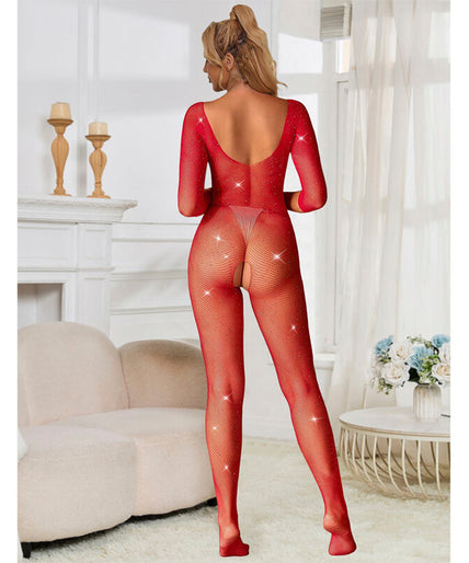 SUBBLIME - 952419 VISNET BODYSTOCKING MET DIAMANTEN LANGE MOUW ROOD XS/M