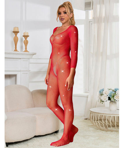 SUBBLIME - 952419 VISNET BODYSTOCKING MET DIAMANTEN LANGE MOUW ROOD XS/M