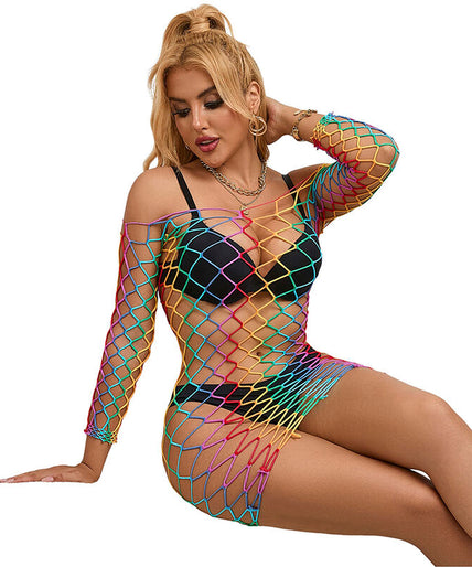 SUBBLIME - 952426 RAINBOW LONG SLEEVE FISHNET DRESS ONE SIZE