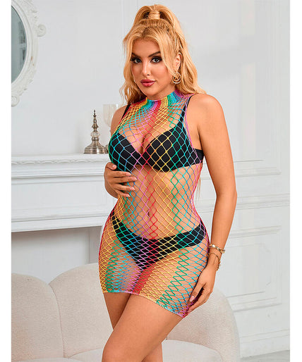SUBBLIME - 952433 RAINBOW HIGH NECK SLEEVELESS FISHNET DRESS ONE SIZE