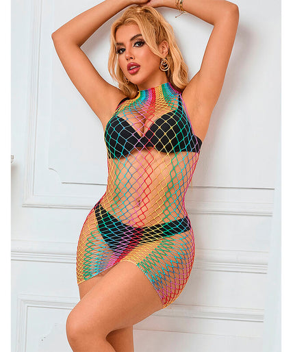 SUBBLIME - 952433 RAINBOW HIGH NECK SLEEVELESS FISHNET DRESS ONE SIZE