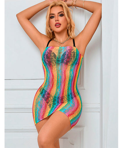 SUBBLIME - 952457 RAINBOW OFF SHOULDER SLEEVELESS FISHNET DRESS ONE SIZE