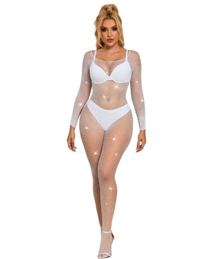 SUBBLIME - 952396 FISNET BODYSTOCKING MET DIAMANTEN LANGE MOUW WIT ONE SIZE
