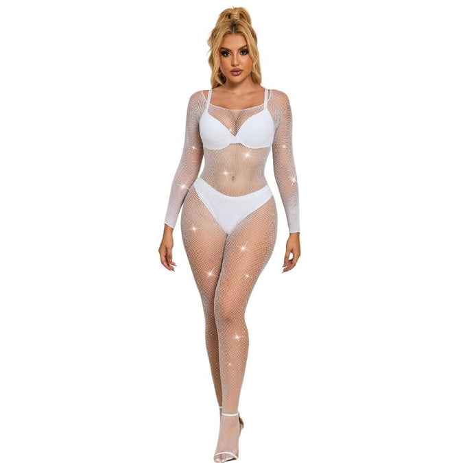 Subblime – 952396 Fishnet Bodystocking With Diamonds Long Sleeve White One Size