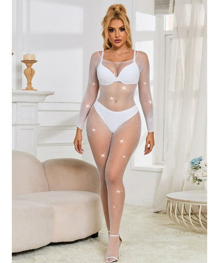 SUBBLIME - 952396 FISNET BODYSTOCKING MET DIAMANTEN LANGE MOUW WIT ONE SIZE